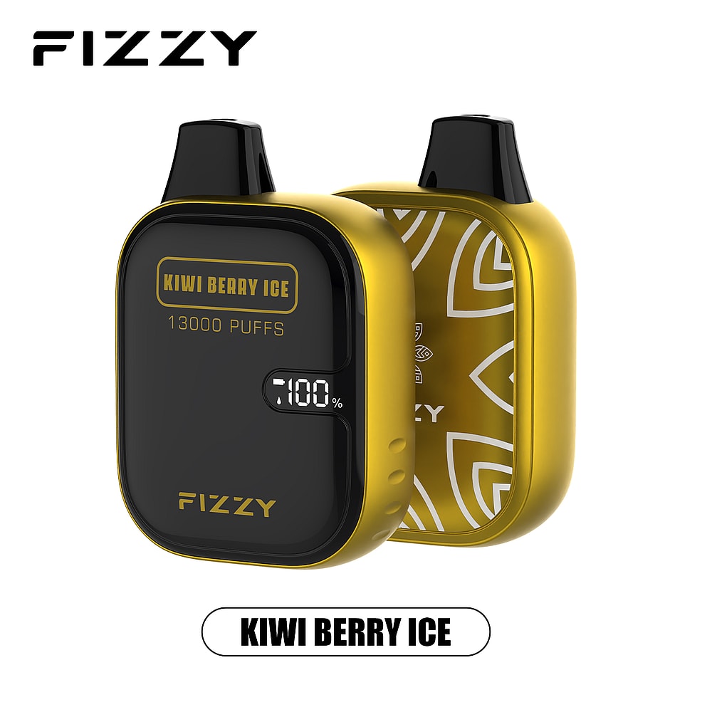 Dispositivo per svapo monouso Fizzy Kiwi Berry Ice con 13.000 boccate, caratterizzato da un design giallo e nero e un display digitale che mostra la batteria 100%.