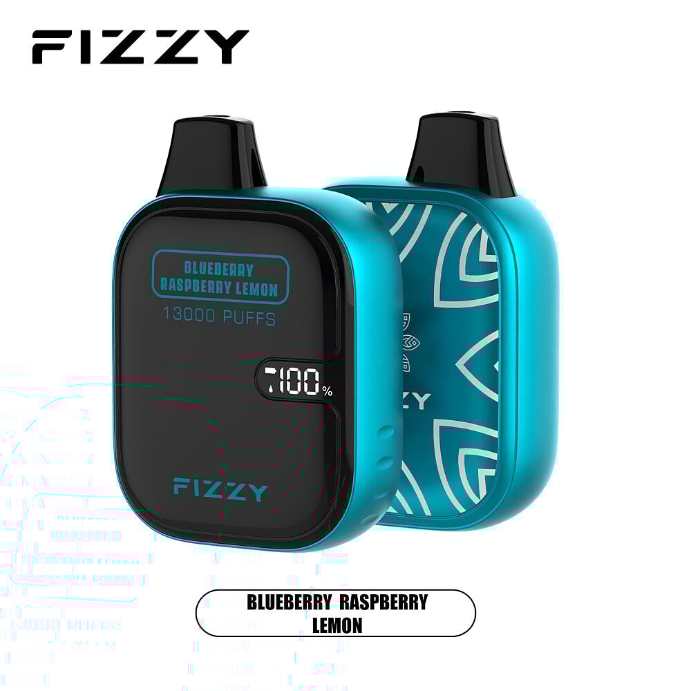 Dispositivo de vapor FIZZY com sabor "Blueberry Raspberry Lemon" e capacidade para 13.000 tragadas exibido na parte frontal.