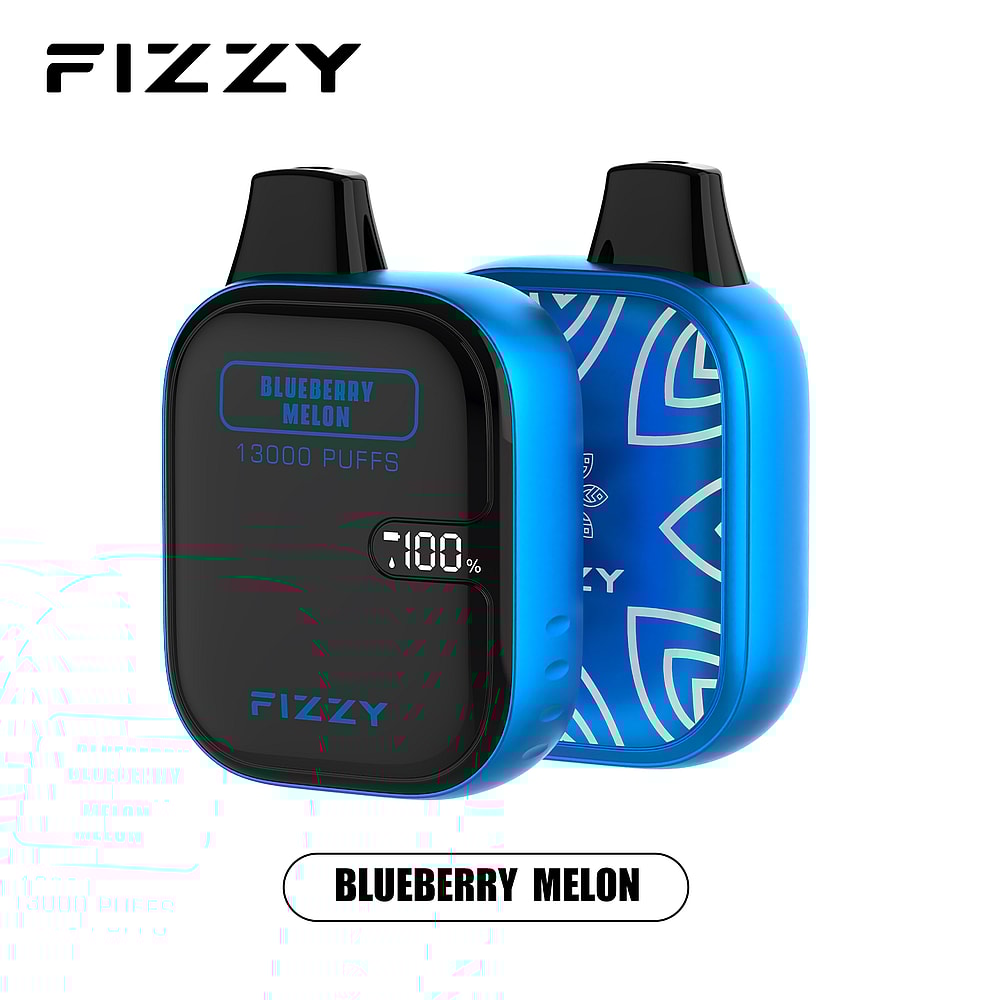 "Dispositivo per svapare Fizzy Blueberry Melon con display digitale che mostra 13000 boccate e la percentuale della batteria."