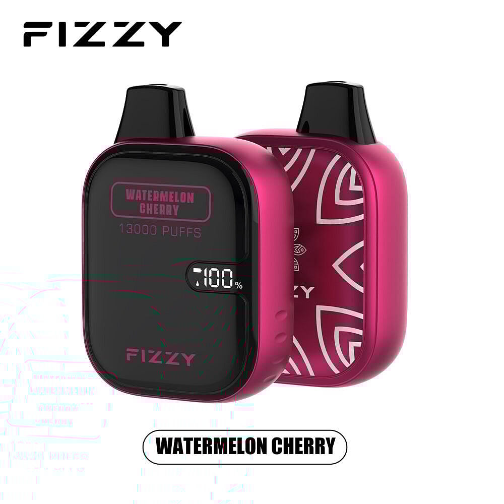 Vaporizador efervescente de melancia e cereja com 13.000 tragadas e visor digital de porcentagem da bateria.