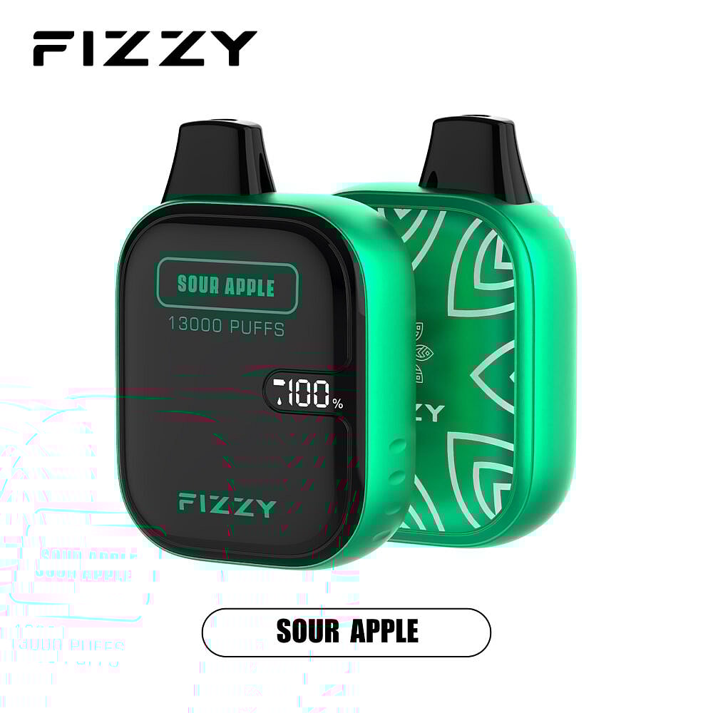 Dispositivo de vaporização efervescente com sabor "Sour Apple", 13.000 tragadas, invólucro verde e contador de tragadas digital exibindo "100%".