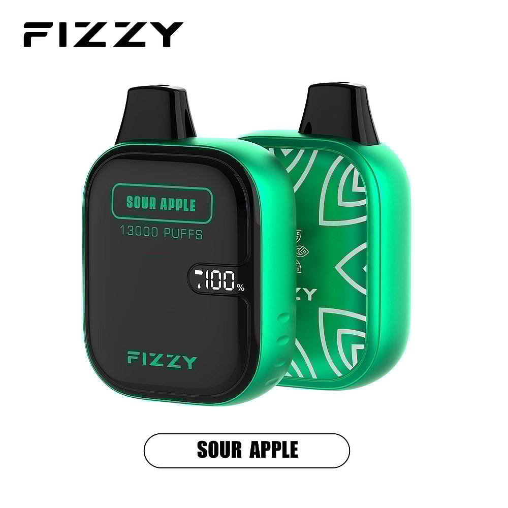 Dispositivo per svapare frizzante al gusto di "mela acida", 13.000 boccate, involucro verde e contatore digitale delle boccate che mostra "100%".