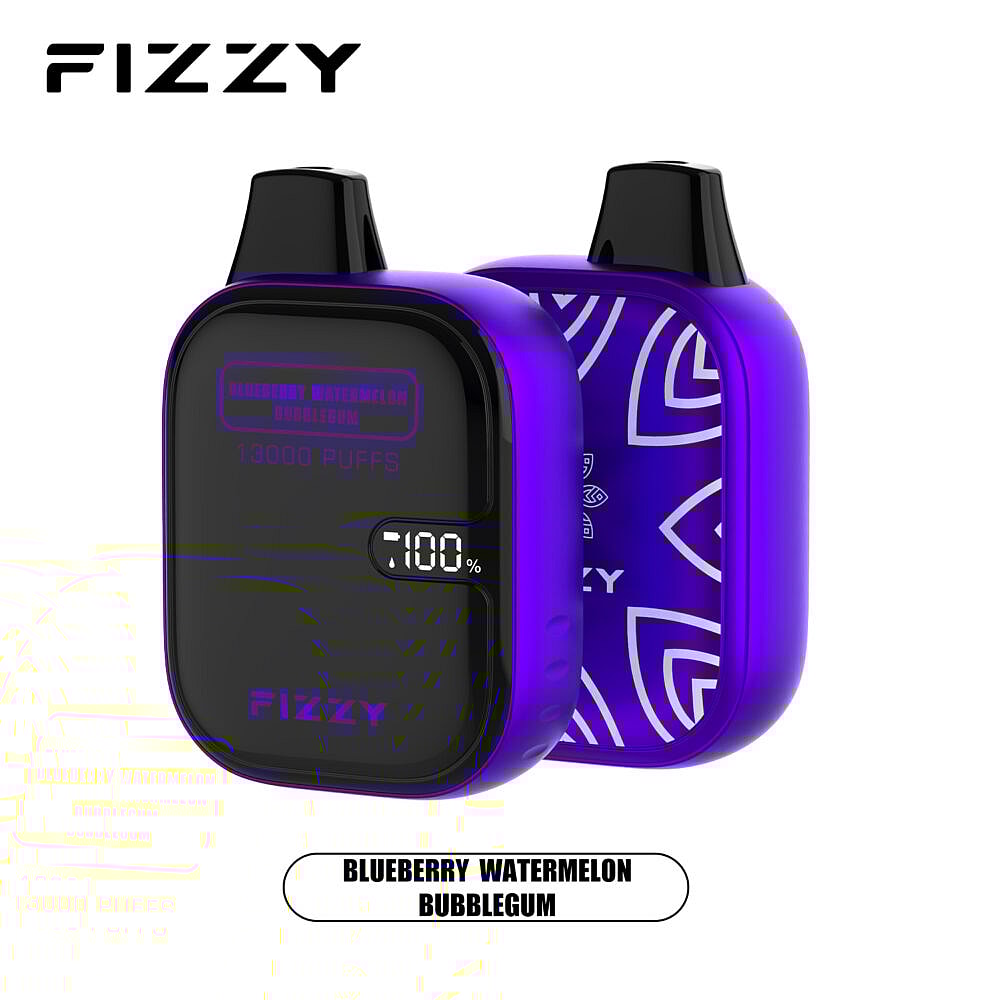 Dispositivo de vaporização efervescente com design roxo e preto, rotulado "Blueberry Watermelon Bubblegum", exibindo "13000 Puffs" e um indicador de bateria mostrando 100%.