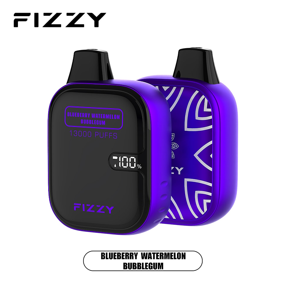 Dispositivo per svapare frizzante con un design viola e nero, etichettato "Blueberry Watermelon Bubblegum", che mostra "13000 Puffs" e un indicatore della batteria che mostra 100%.