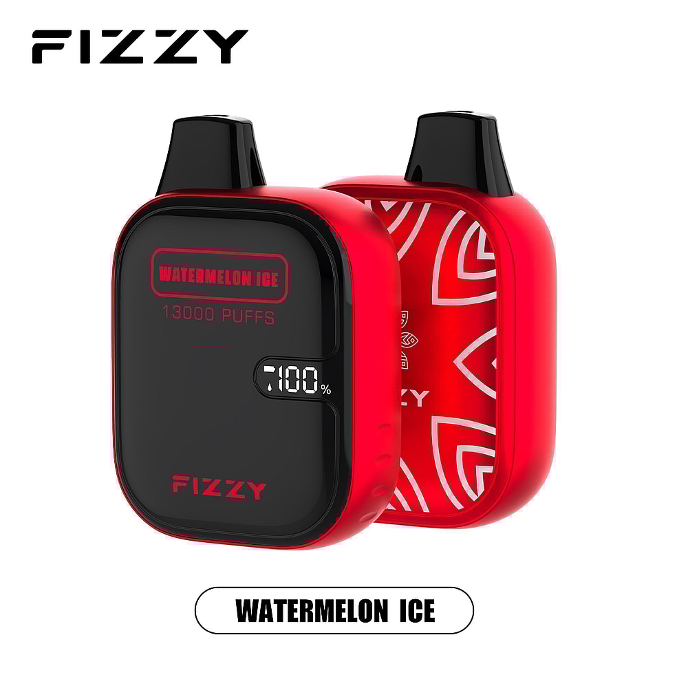 Un dispositivo per svapare FIZZY rosso e nero con l'etichetta "WATERMELON ICE" con la scritta "13000 PUFFS" e un indicatore della batteria che mostra 100%.