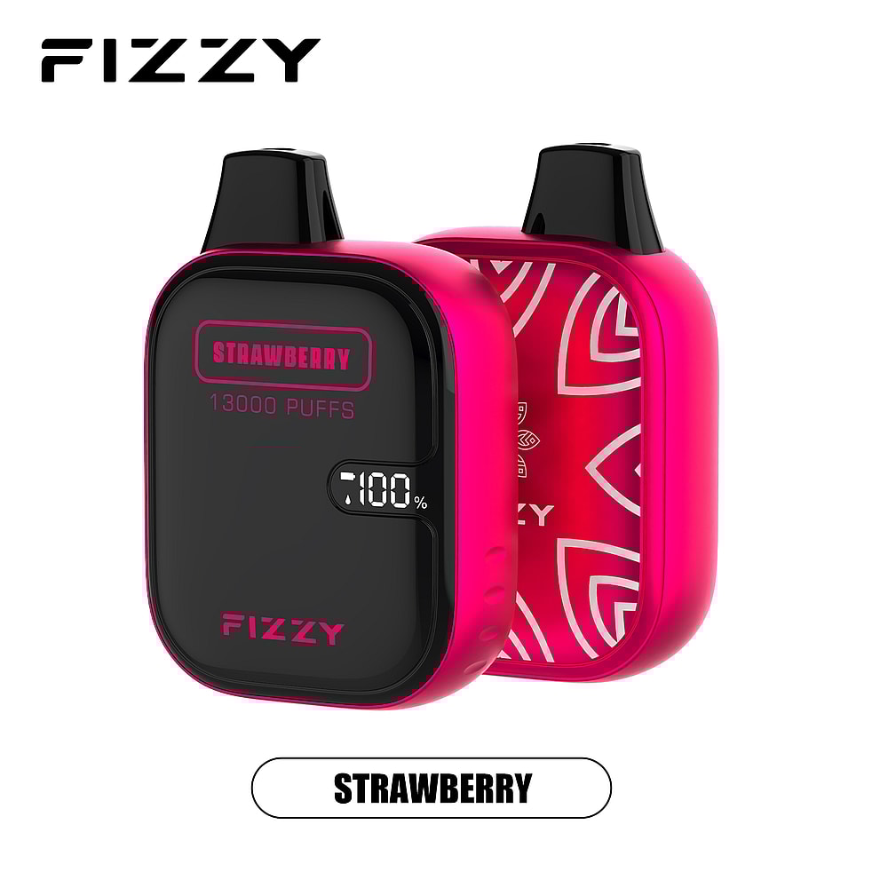 Dispositivo per svapare FIZZY rosso con etichetta "FRAGOLA" e "13000 TUFFI" e un indicatore digitale della percentuale della batteria sulla parte anteriore.