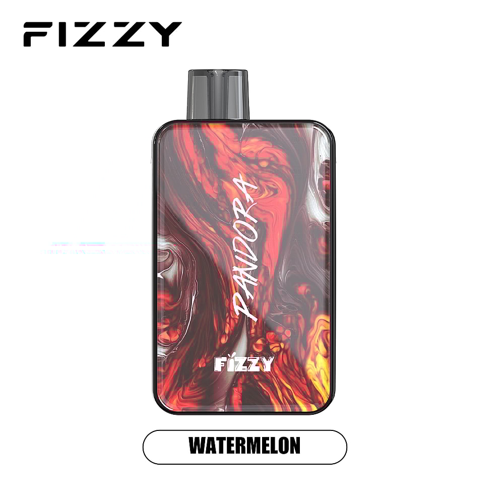 FIZZY Pandora vape device with a red and black swirling design, labeled "WATERMELON" flavor.