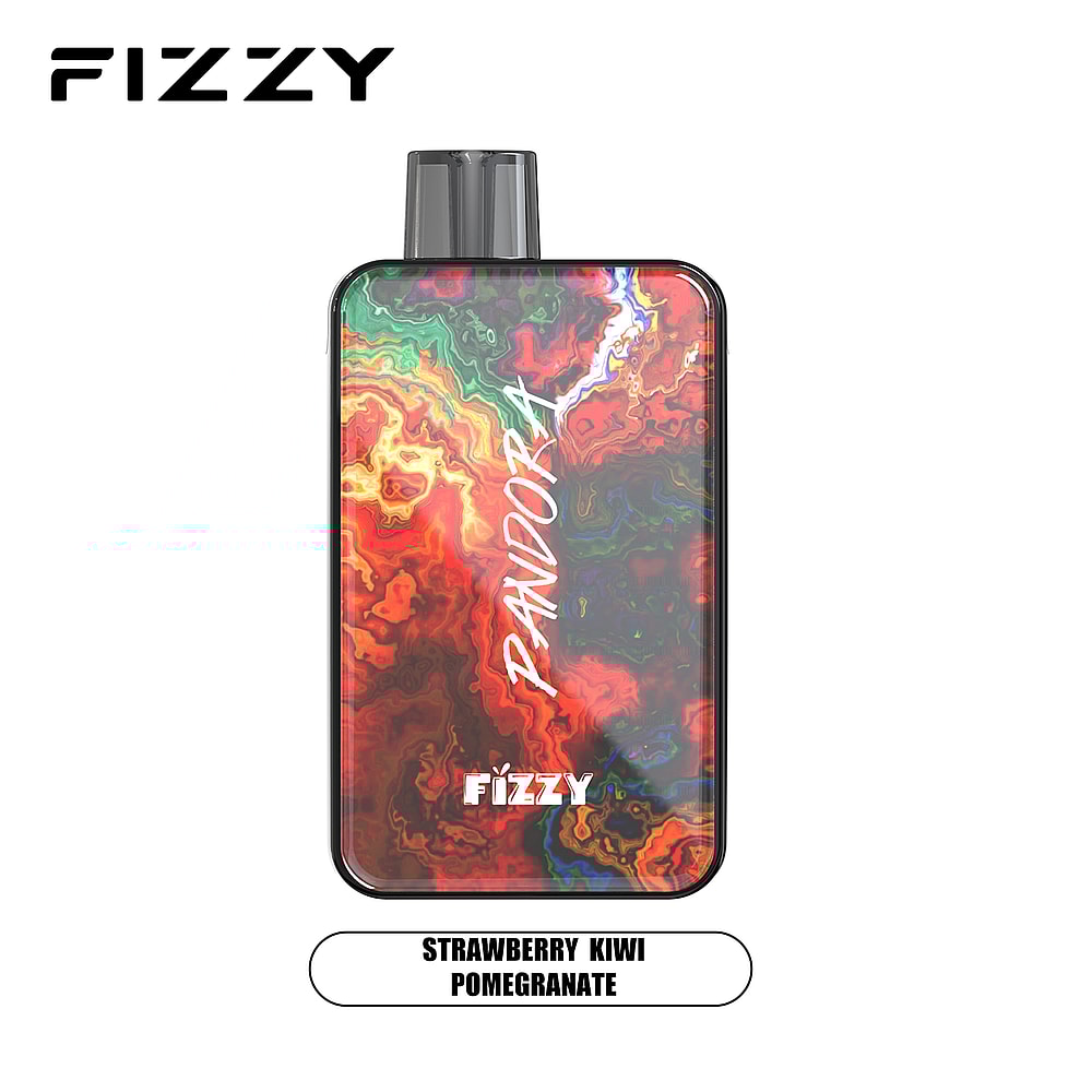 Fizzy Pandora vape device with a colorful abstract design, labeled "Strawberry Kiwi Pomegranate" flavor.