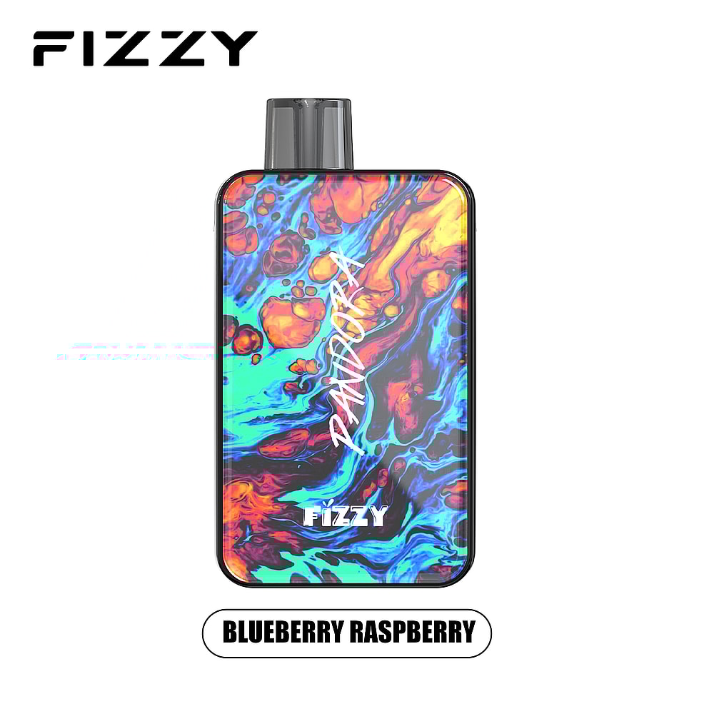 FIZZY Pandora Blueberry Raspberry disposable vape with colorful abstract design.
