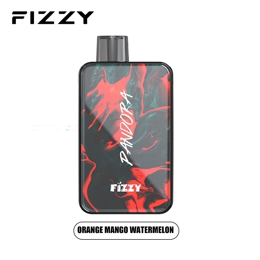 Fizzy Pandora vape device with a black and red marbled design, featuring the flavor "Orange Mango Watermelon."