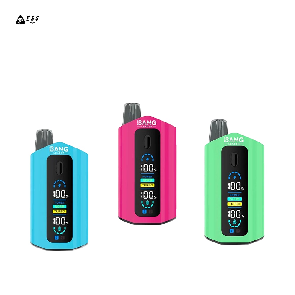 Three colorful vaping devices in blue, pink, and green, each displaying a digital screen with battery percentage and power settings, against a plain white background.