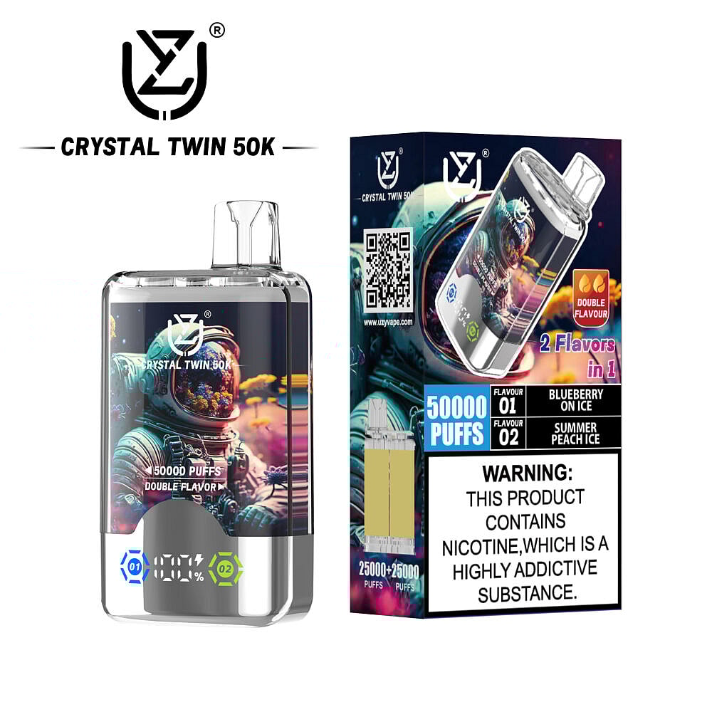 A clear vape device labeled 'CRYSTAL TWIN 50K' featuring an astronaut design, displaying an electronic screen with puff indicators, paired with a colorful package that shows two flavors: 'Blueberry on Ice' and 'Summer Peach Ice', along with a nicotine warning.