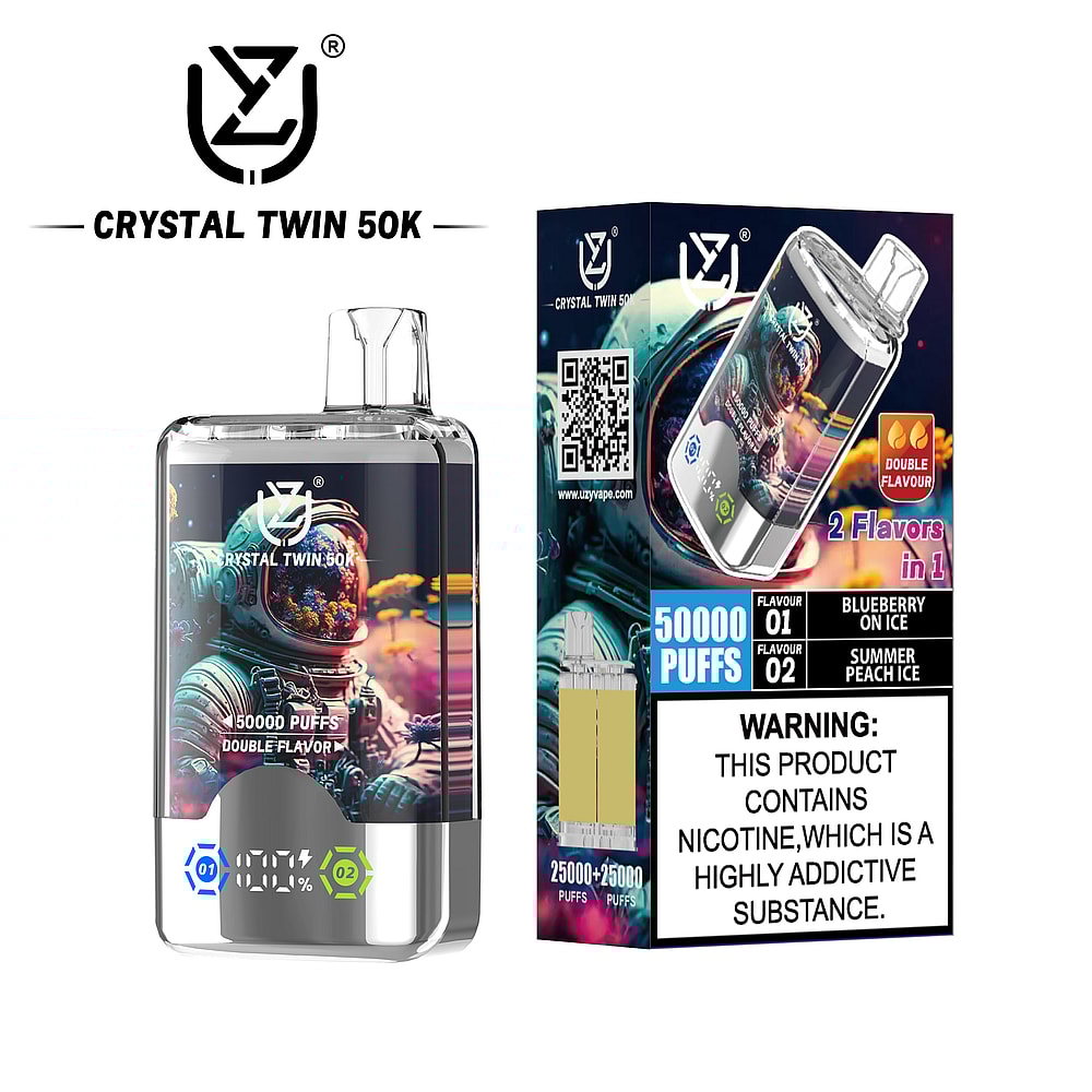 A clear vape device labeled 'CRYSTAL TWIN 50K' featuring an astronaut design, displaying an electronic screen with puff indicators, paired with a colorful package that shows two flavors: 'Blueberry on Ice' and 'Summer Peach Ice', along with a nicotine warning.