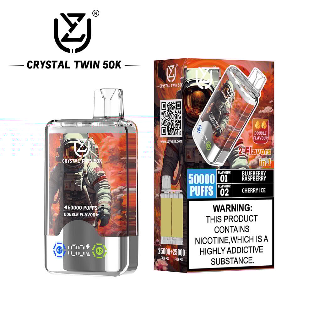 A Crystal Twin 50K vape device featuring an astronaut design, labeled for 50,000 puffs with dual flavors of Blueberry Raspberry and Cherry Ice, displayed alongside a warning about nicotine addiction.