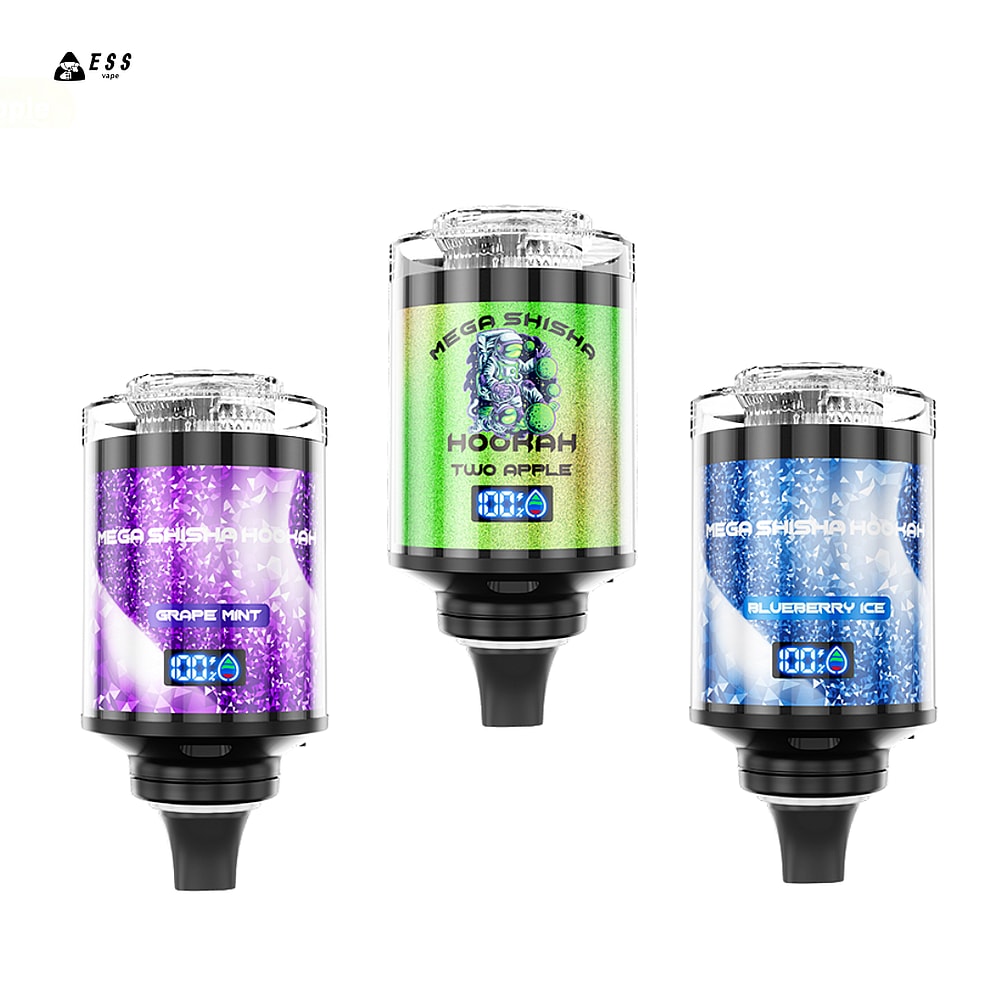 Three vape cartridges labeled 'Grape Mint,' 'Two Apple,' and 'Blueberry Ice,' featuring colorful designs and a digital display for liquid level, arranged in a triangular formation on a white background.