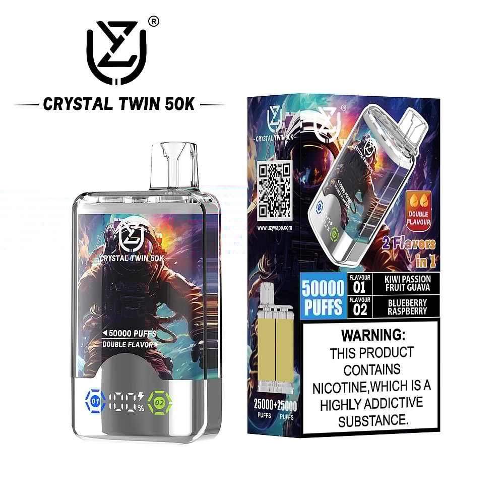 A Crystal Twin 50K disposable vape device with a transparent body displaying an astronaut graphic, information about its capacity of 50,000 puffs, and flavor options of Kiwi Passion Fruit Guava and Blueberry Raspberry, alongside a warning about nicotine addiction.