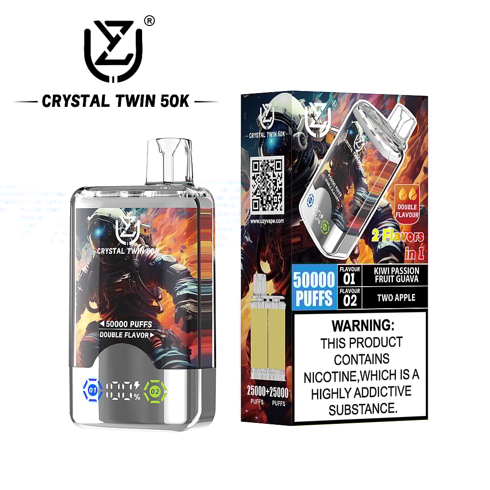 A vape device labeled 'CRYSTAL TWIN 50K' with a space-themed illustration on the front, featuring two flavor options: 'Kiwi Passion Fruit Guava' and 'Two Apple', and detailed warnings about nicotine addiction.