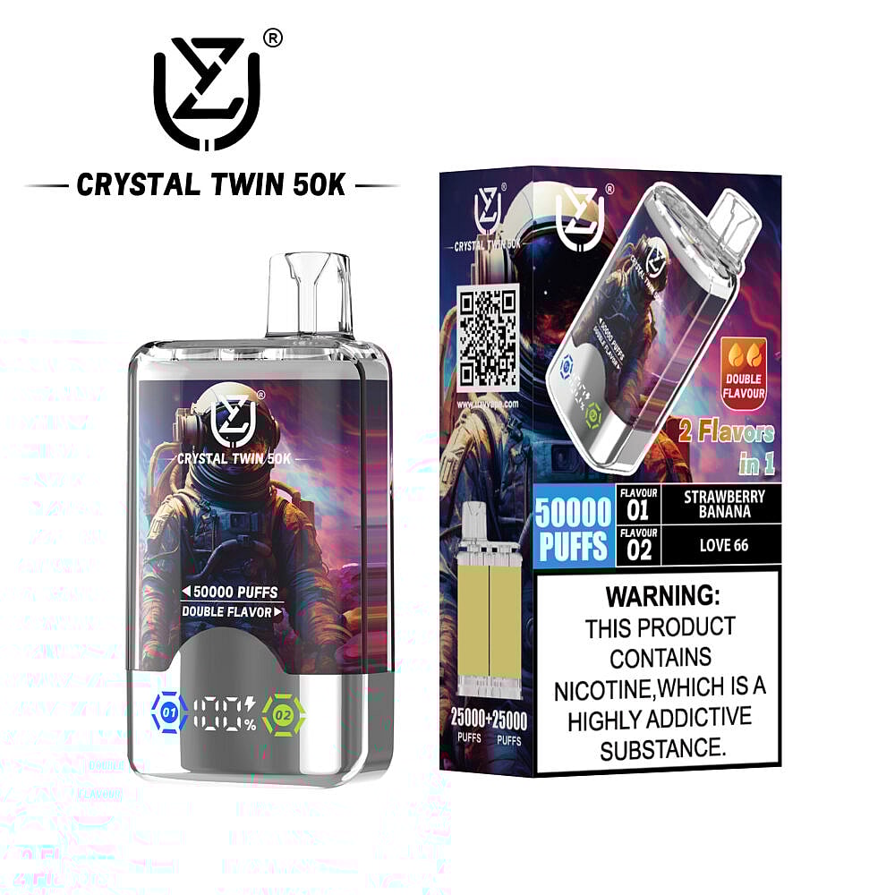 A transparent e-cigarette device labeled 'CRYSTAL TWIN 50K' featuring an astronaut graphic, designed for 50,000 puffs and offering two flavors: Strawberry Banana and Love 66, with a digital display showing battery level.