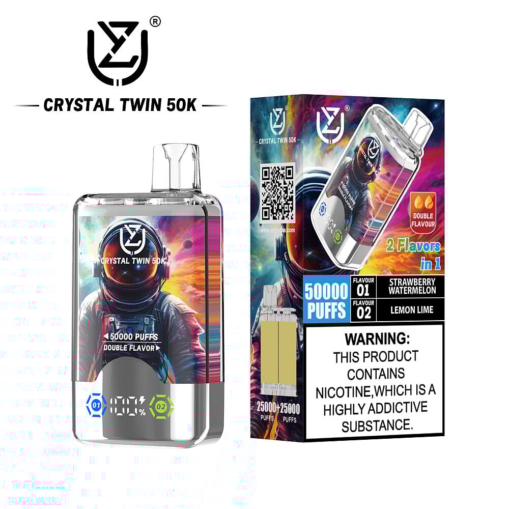 A transparent e-cigarette labeled 'Crystal Twin 50K' featuring a colorful illustration of an astronaut, designed for 50,000 puffs with two flavors: strawberry watermelon and lemon lime, displayed alongside its box that includes a warning about nicotine addiction.