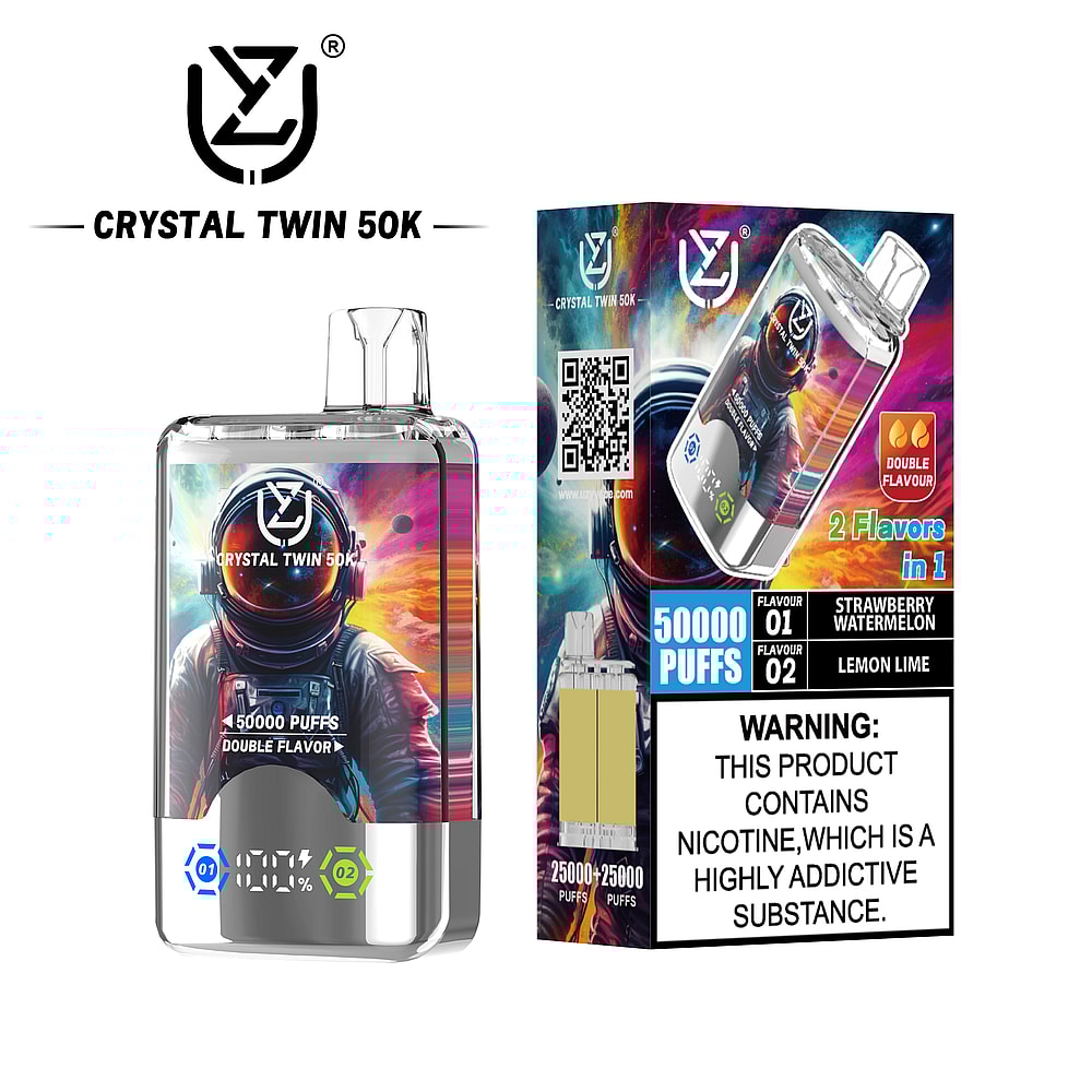 A transparent e-cigarette labeled 'Crystal Twin 50K' featuring a colorful illustration of an astronaut, designed for 50,000 puffs with two flavors: strawberry watermelon and lemon lime, displayed alongside its box that includes a warning about nicotine addiction.