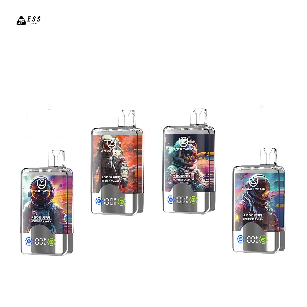 Four vape devices featuring astronaut-themed designs and labels indicating "15000 puffs" and "double flavor" in vibrant colors.