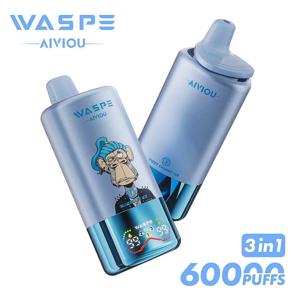 Two blue, cylindrical vape devices with the brand names 'WASPE' and 'AIVIOU' prominently displayed, featuring a cartoon monkey on one device and labels indicating flavors 'Fizzy Cherry Ice' and 'Blueberry Ice'; the devices highlight their capacity for 60,000 puffs and a visual display showing usage stats.