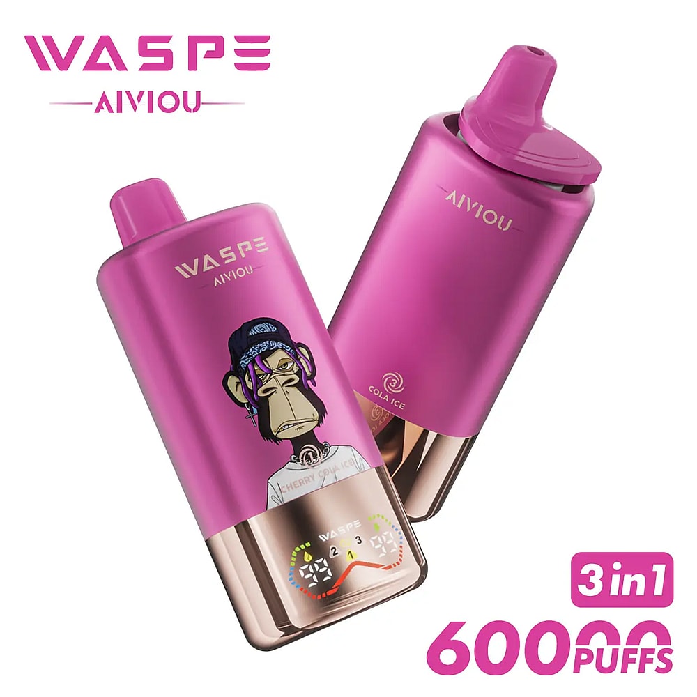 A pair of pink vape devices labeled 'WASPE AIVIOU,' featuring a cartoon monkey design on one and a digital display showing puff count and battery levels at the base.