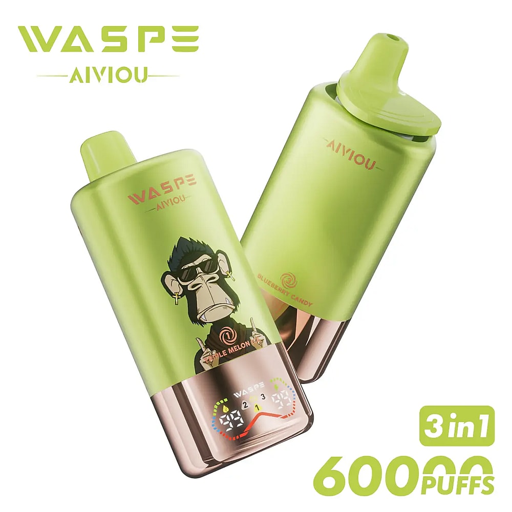 Two green vape devices featuring a cartoon monkey design and the flavors 'Bubble Melon' and 'Blueberry Candy', with LED indicators on the front and the text '3 in 1' and '60000 PUFFS' in the foreground.