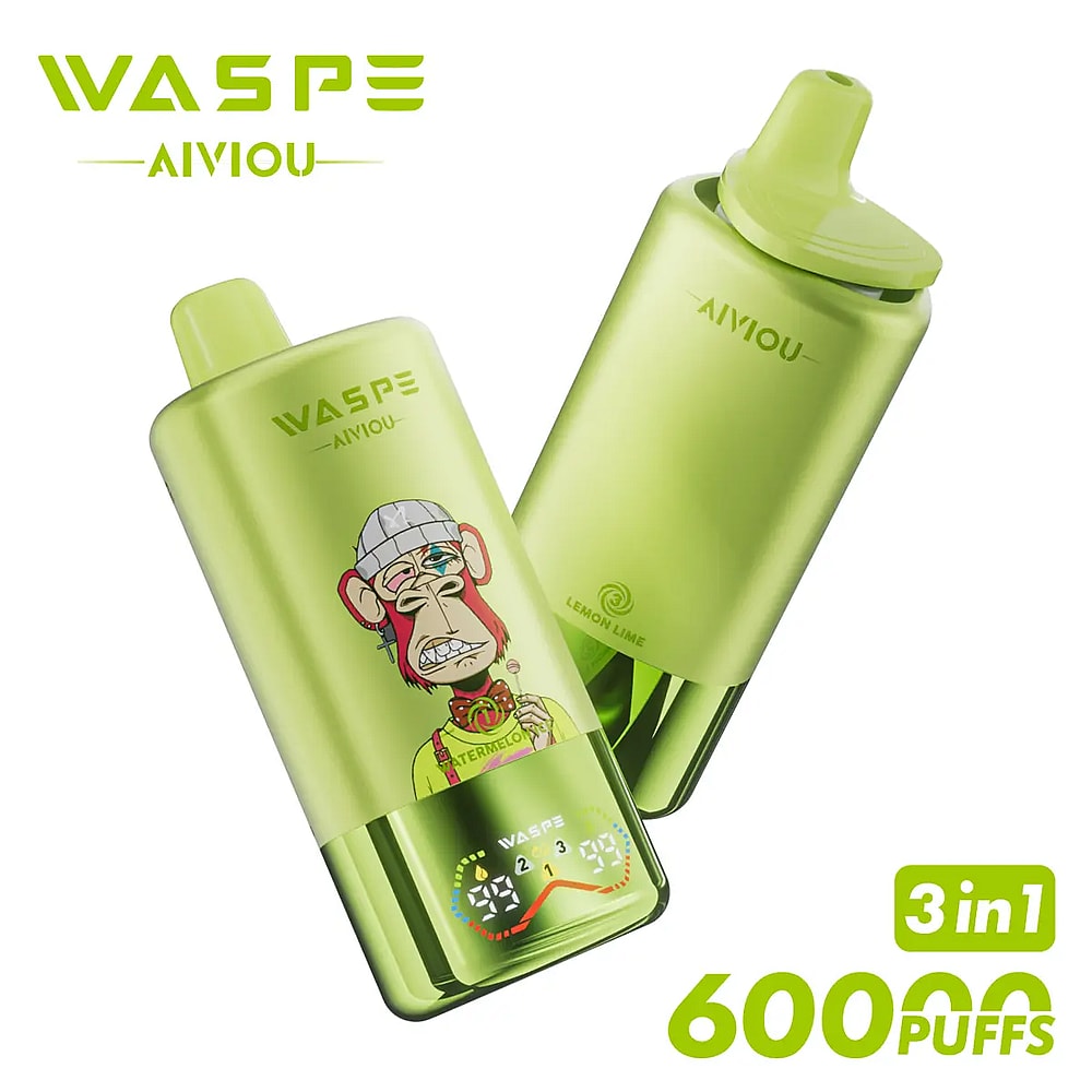 A vibrant green vape device featuring a cartoon monkey character on the front, boasting a display indicating it offers 60000 puffs with a '3 in 1' label, set against a minimalist background.