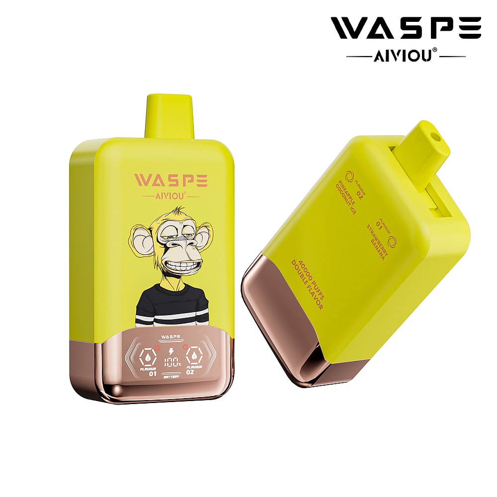 A bright yellow vape device featuring a cartoon monkey illustration on the front and a rose gold base with display indicators, showcasing its unique design and flavor information.