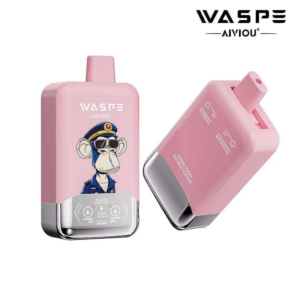 A pink vape device featuring a cartoon monkey with sunglasses and a military hat printed on the front, displaying the brand name 'WASPE' and icons indicating functionality and battery status on the base.