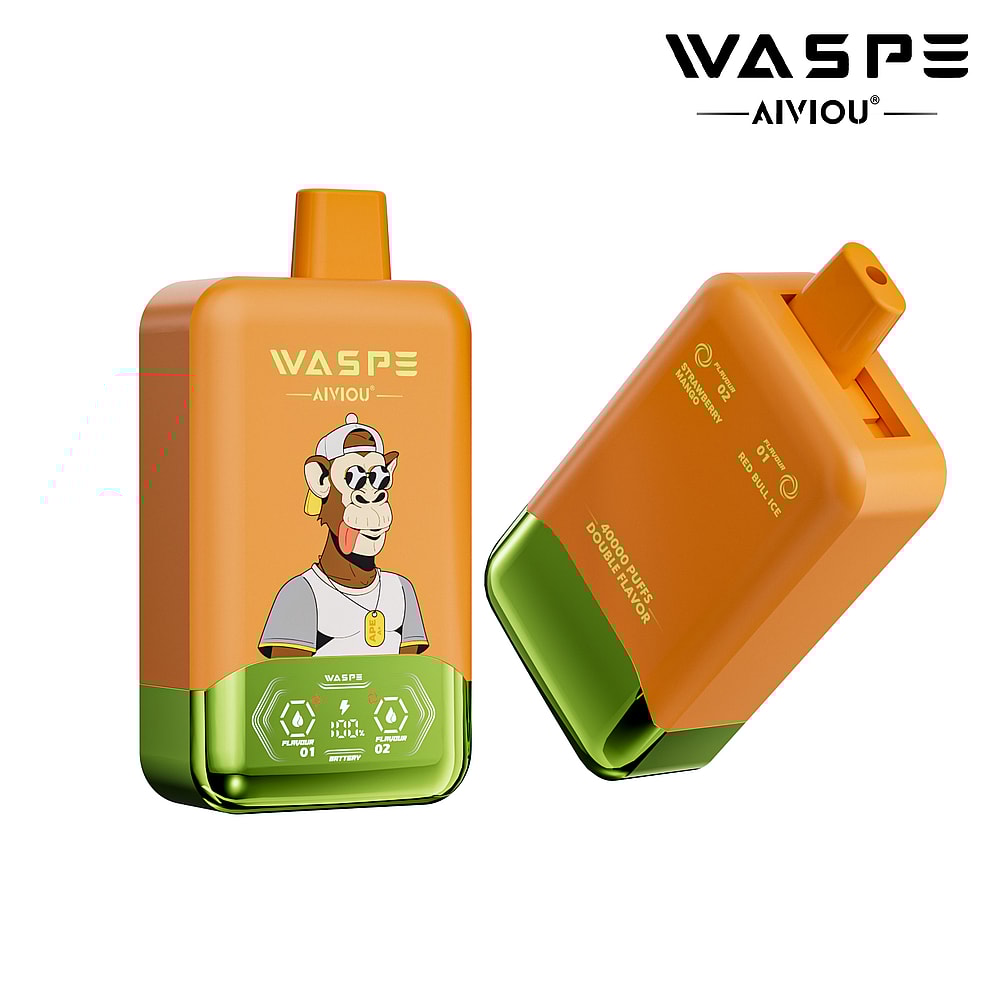 An orange vape device with a cartoon monkey character on the front, featuring a green bottom and labeled 'WASPE AIVIOU' and flavor details on the side.