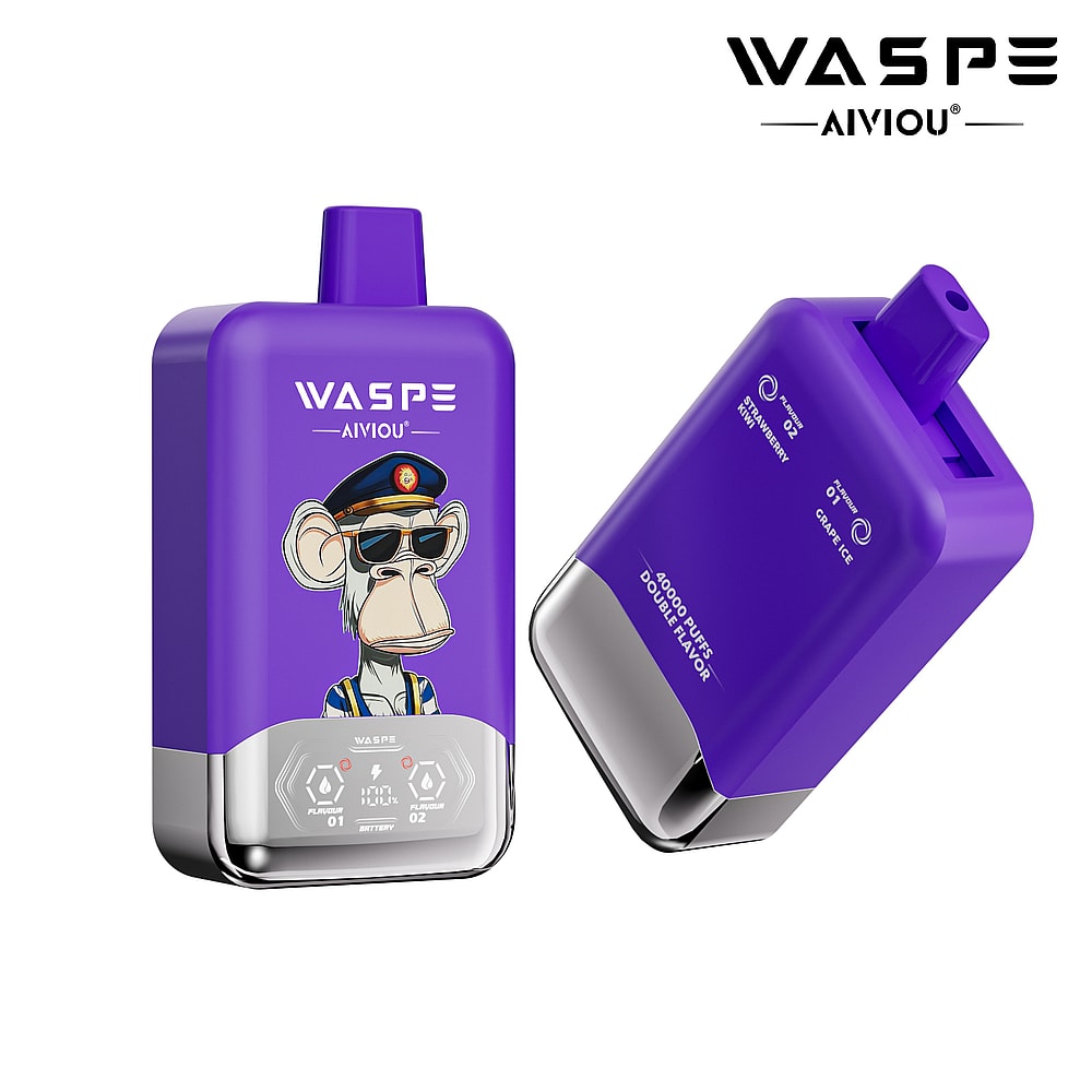 A purple vape device featuring a cartoon monkey wearing sunglasses and a pilot's hat on the front, labeled 'WASPE AIVIOU' with a metallic base and visible specifications for flavor and battery level on the side.