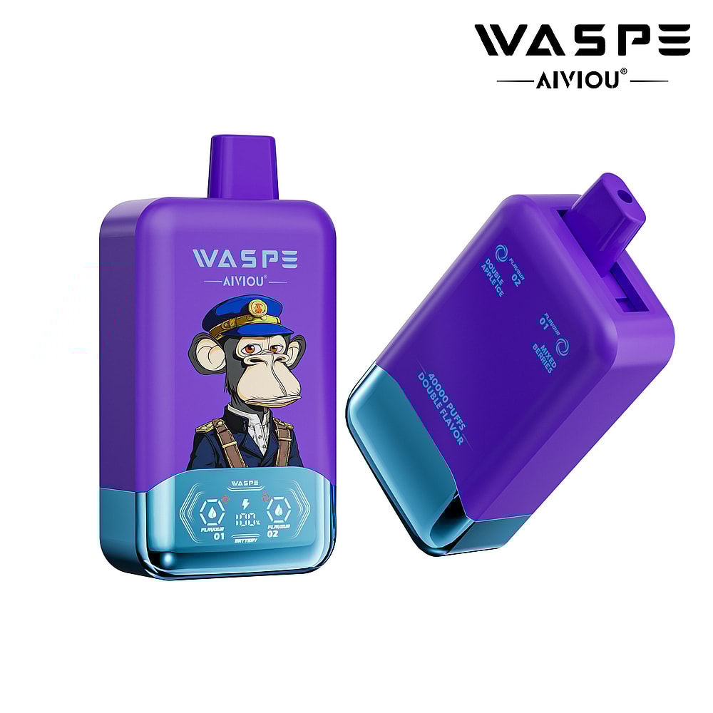 A colorful vape device featuring a cartoon monkey in a military uniform on the front, with a purple body and a blue bottom, labeled 'WASPE AIVIOU' and signifying '4000 PUFFS DOUBLE FLAVOR.'