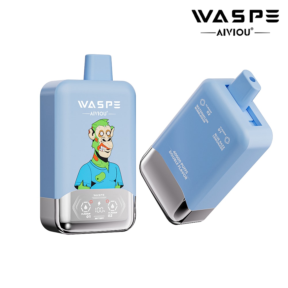 A blue flavored vape device featuring a cartoonish monkey character on the front, displaying a charging indicator and flavor settings on the base, with the logo 'WASPE AIVIOU' on the top.