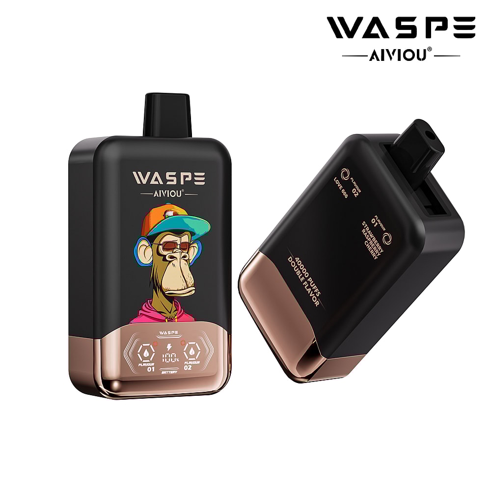 A stylish, rectangular vape device featuring a graphic of a cartoon character wearing a cap and sunglasses, with a glossy black finish and a rose gold accent at the bottom, showcasing digital display indicators for flavor and puff count on the front.
