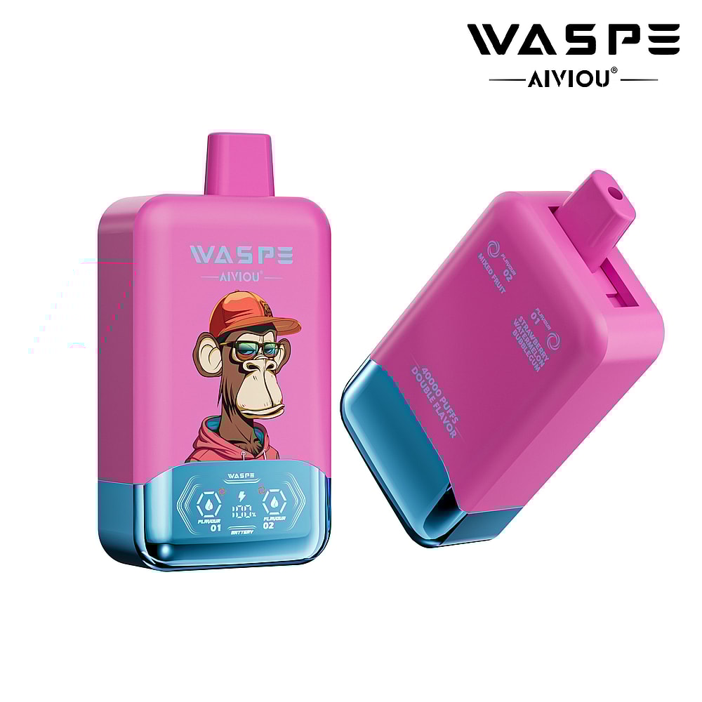 A brightly colored pink vape device featuring a cartoon monkey character in a red cap on the front, with branding that reads 'WASPE AIVIOU' and product specifications on the bottom and side.