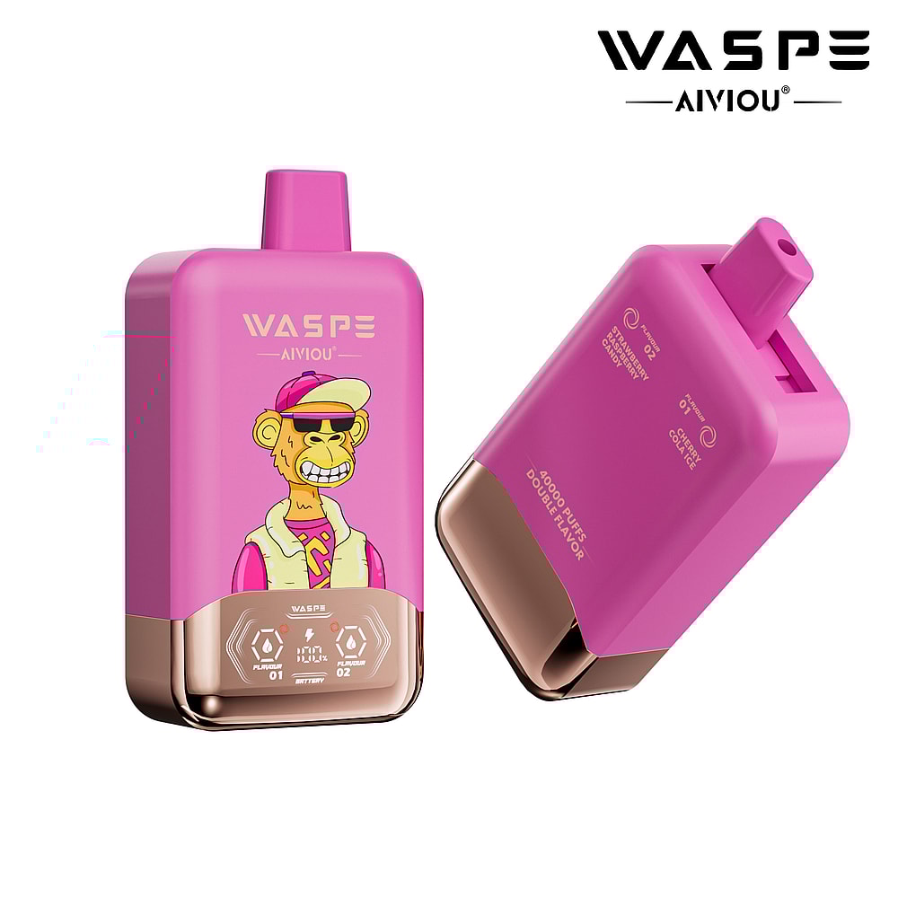 A pink vape device featuring a cartoon bear character wearing sunglasses and a cap, with branding on the front and detailed specifications on the back.