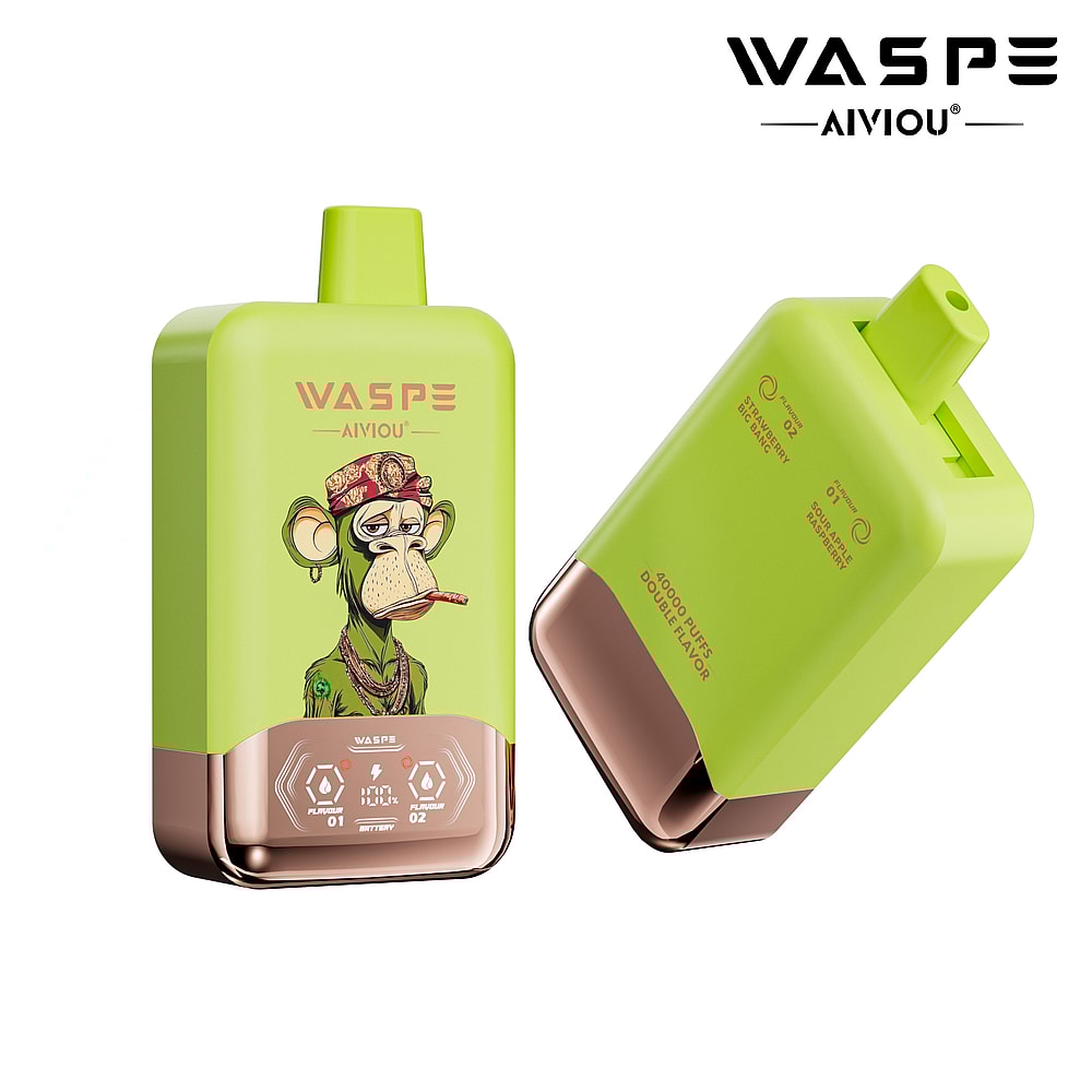 A green WASPE AIVIO vaping device featuring a cartoon monkey with a gold chain and a cigarette, positioned to show both the front design and the side view with specifications.