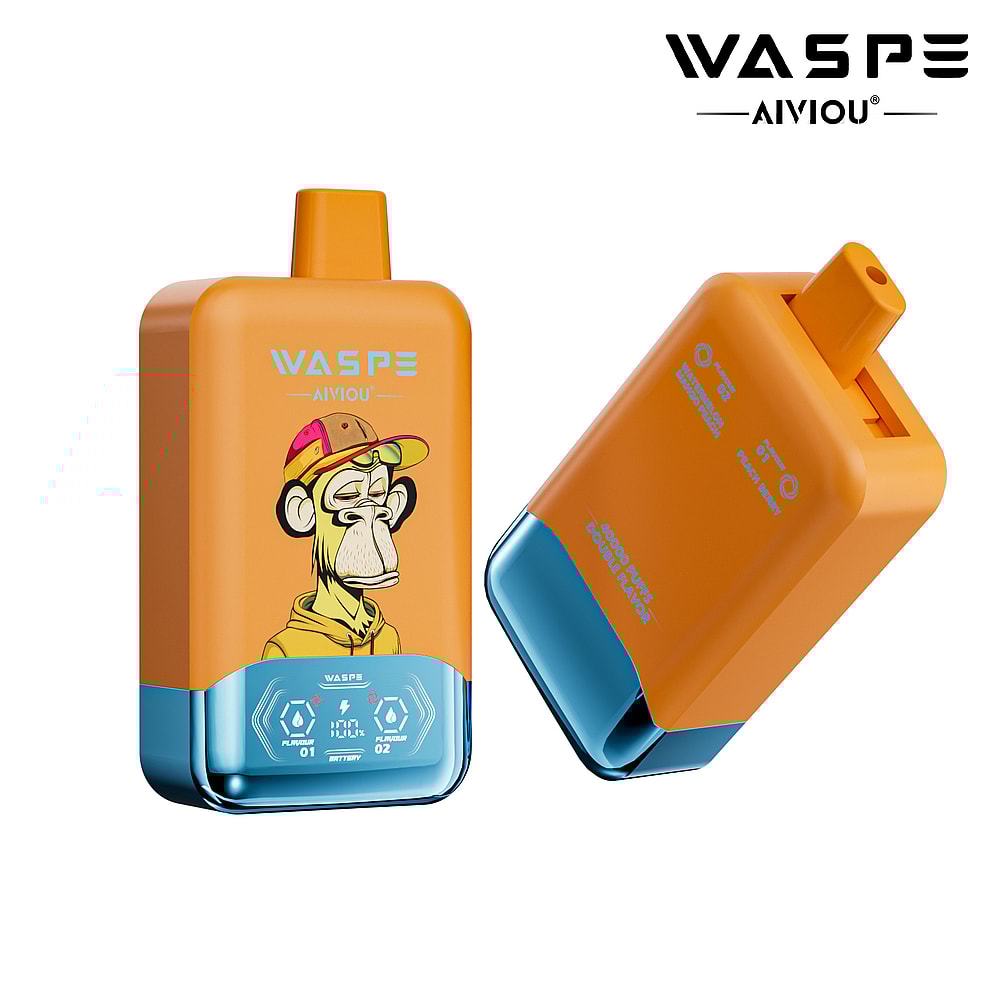A brightly colored vaping device with a cartoon monkey wearing a hat printed on its orange surface, showcasing a sleek design with blue accents and control indicators on the front.