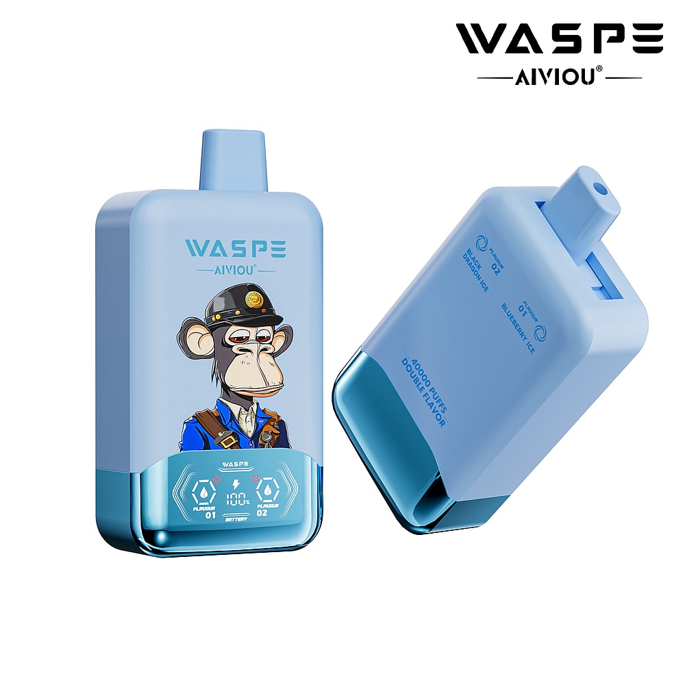 A blue vape device featuring a cartoon monkey in a police hat on the front, labeled 'WASPE' and showing flavor options 'Blueberry Ice' and 'Sour Apple' on the sides.