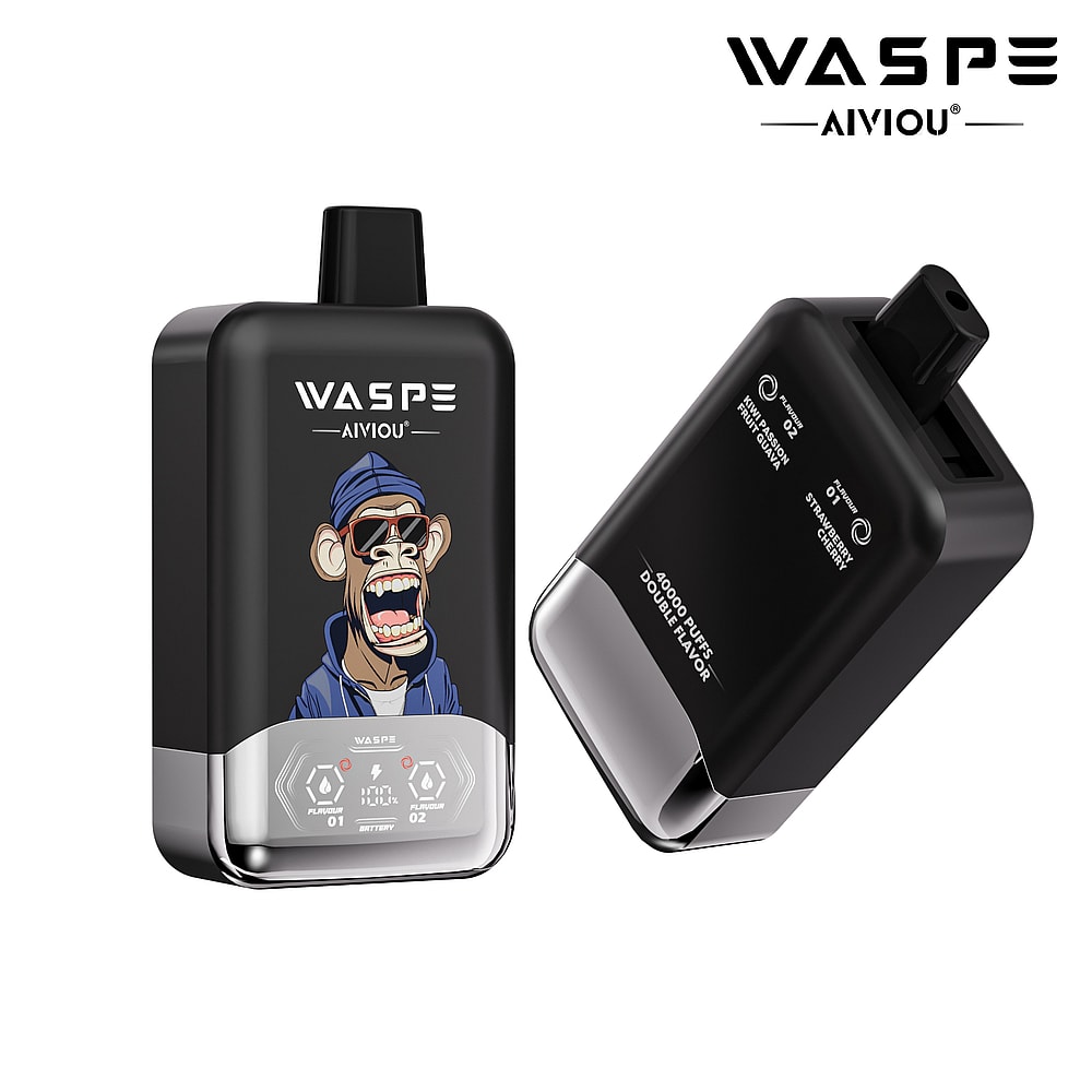 A sleek black vaping device with a cartoon character logo on the front and a digital display, showing battery and puff count, with the product name "WASPE AIVIOU" prominently displayed, and the back label indicating flavors of "Strawberry" and "Cherry".