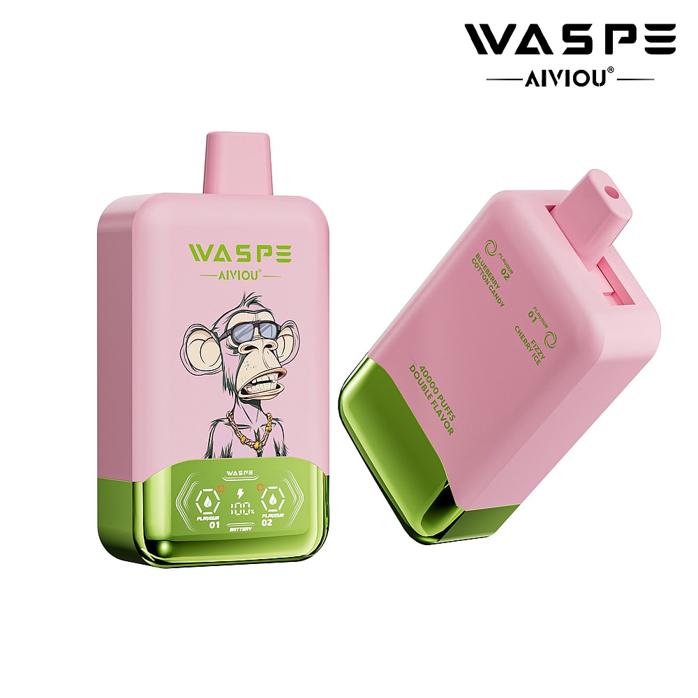 A stylized pink vape device with a green bottom featuring a monkey graphic wearing sunglasses and a necklace, labeled with 'WASPE' and 'AIVIOU,' showcasing its double flavor capacity and battery indicators.