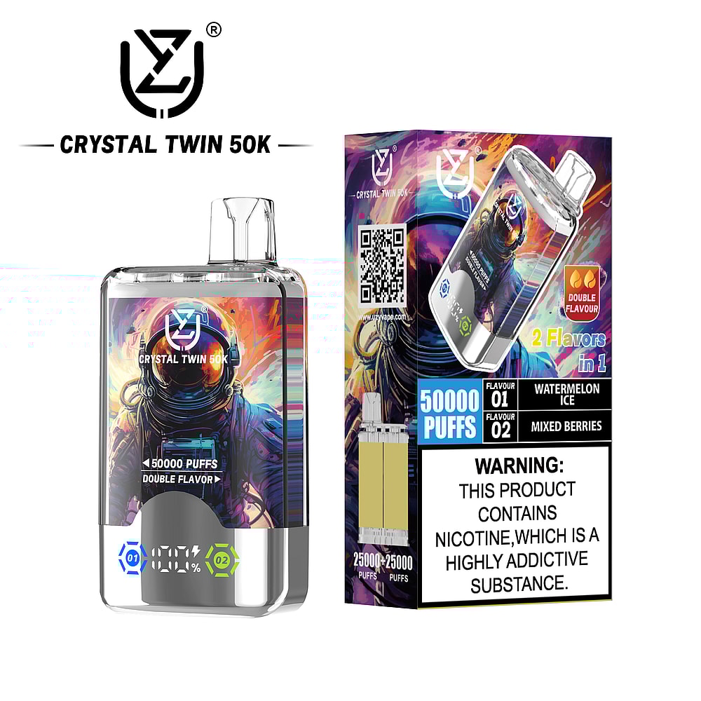 A Crystal Twin 50K vape device is featured alongside its bright packaging, showcasing a visually striking astronaut graphic and labels indicating it can deliver 50,000 puffs with double flavors of Watermelon Ice and Mixed Berries, and includes a warning about nicotine addiction.