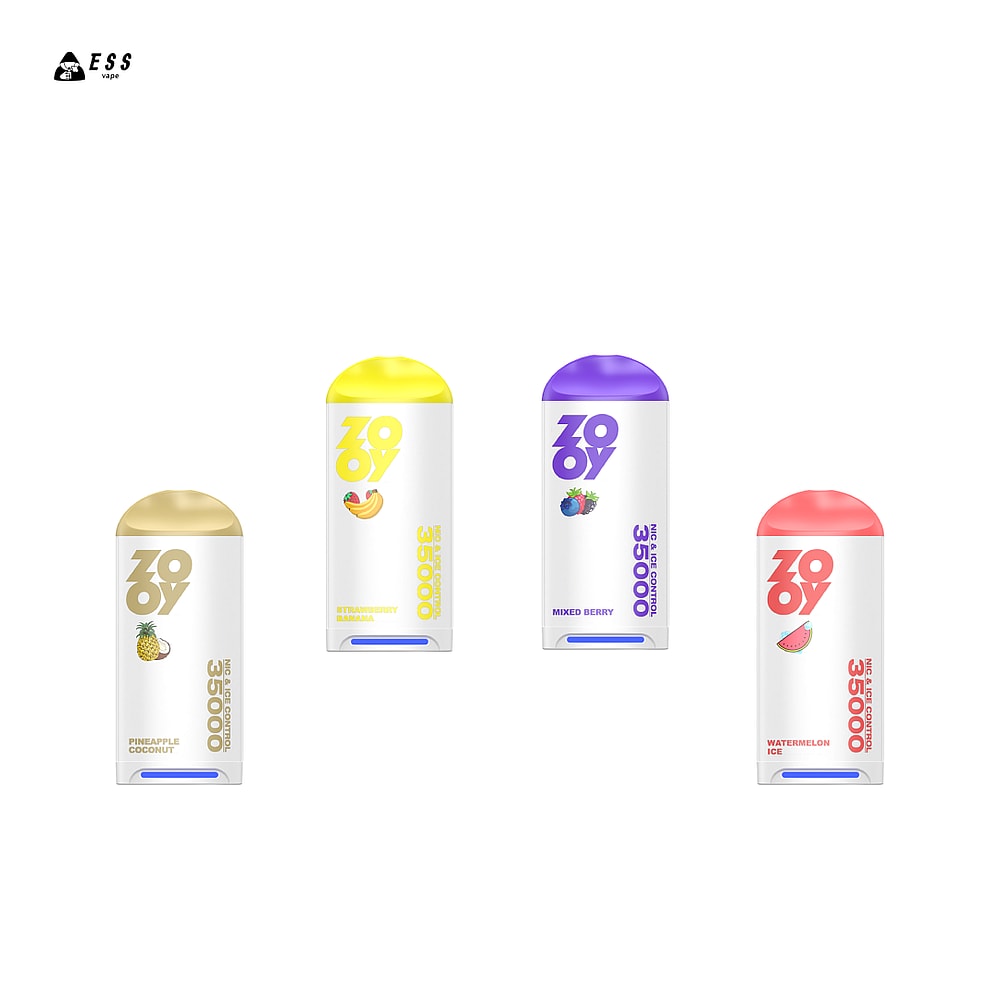 Four vape pens displayed on a white background, each labeled with different flavors: 'Pineapple Coconut' with a gold cap, 'Strawberry Banana' with a yellow cap, 'Mixed Berry' with a purple cap, and 'Watermelon Ice' with a red cap, all featuring a capacity of 35,000 puffs.
