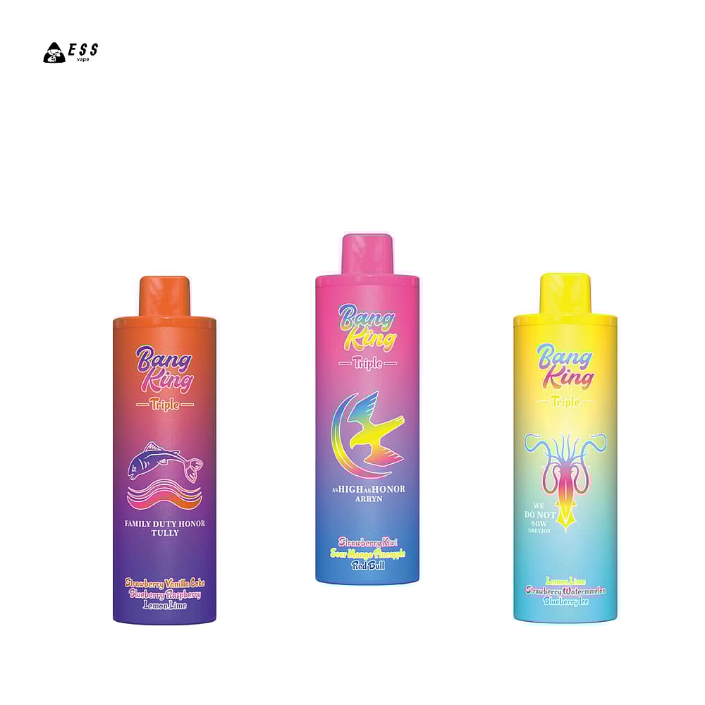 Three colorful vape juice bottles featuring distinct designs: a brown bottle labeled 'Family Duty Honor Tully' with an illustration of a fish, a pink bottle named 'High Honor Arbyn' with a bird graphic, and a yellow bottle marked 'We Do Not Sow' with tentacles, each showcasing vibrant gradient backgrounds and flavor descriptions.