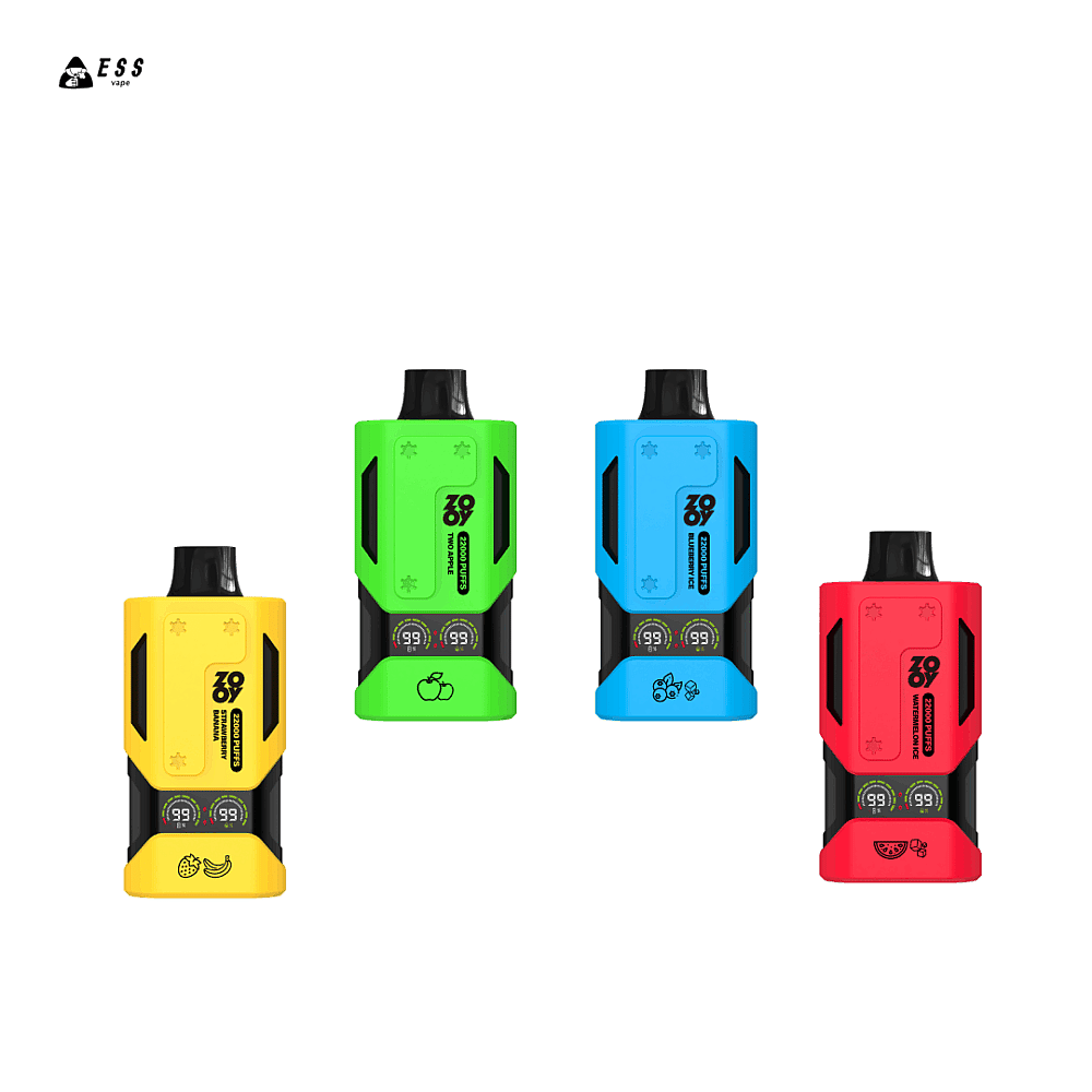 Vier farbenfrohe Vape-Geräte: Gelb mit Bananendesign, Grün mit Apfeldesign, Blau mit Fruchtsymbolen und Rot mit Wassermelonendesign, jeweils mit digitalen Anzeigebildschirmen.