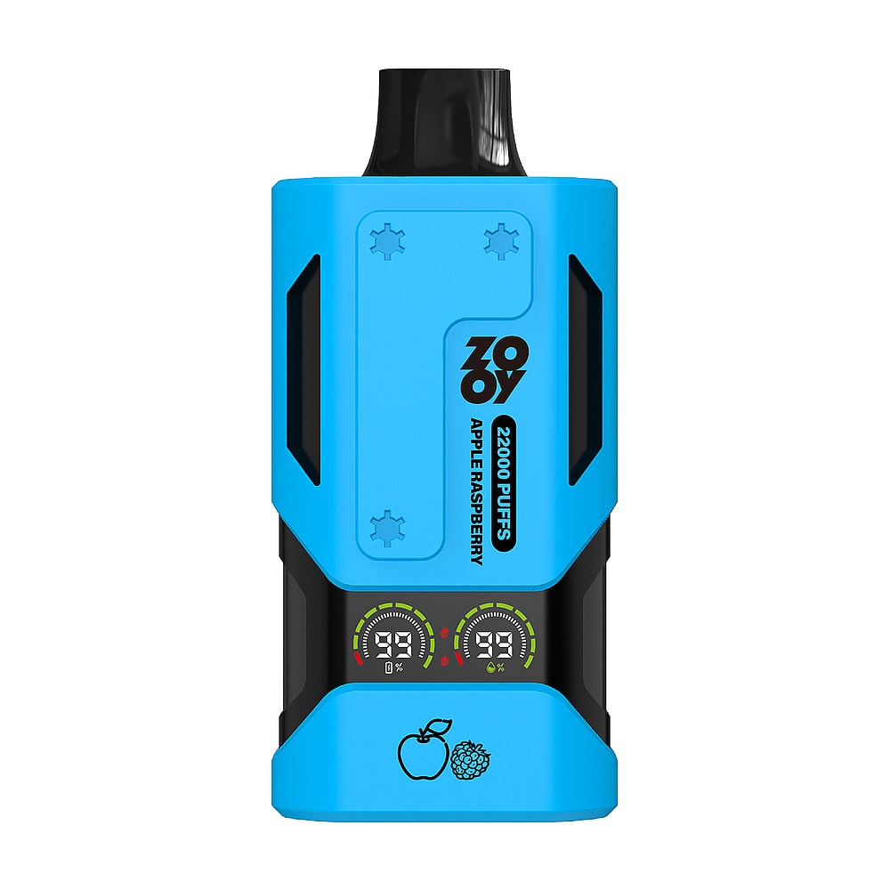 A bright blue disposable vape device labeled 'ZOY' with the flavor 'Apple Raspberry' and a capacity of 22,000 puffs, featuring two digital display screens for battery and puff count on the front panel.