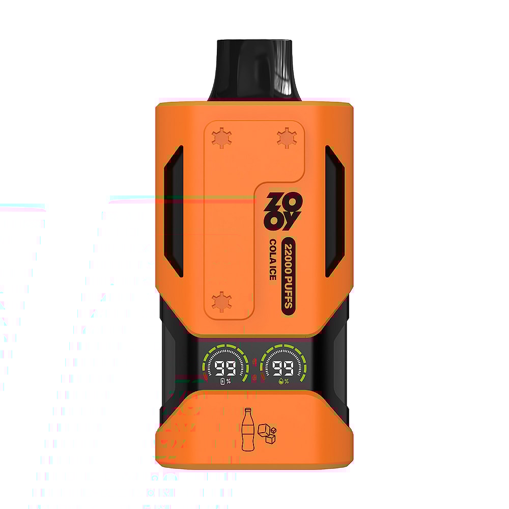 A bright orange vape device featuring two digital display screens showing battery and puff count, labeled '22000 PUFFS', with a sleek, ergonomic design and black accents.