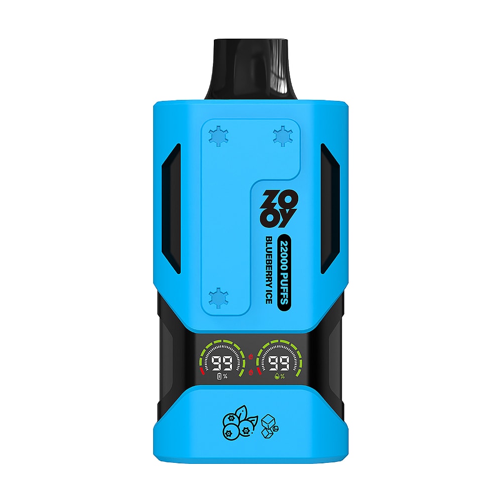 A blue e-cigarette device labeled 'ZOOY' featuring text indicating '22000 PUFFS' and 'BLUEBERRY ICE,' with two digital display screens showing battery charge levels and a graphic of fruits and candy on the bottom.